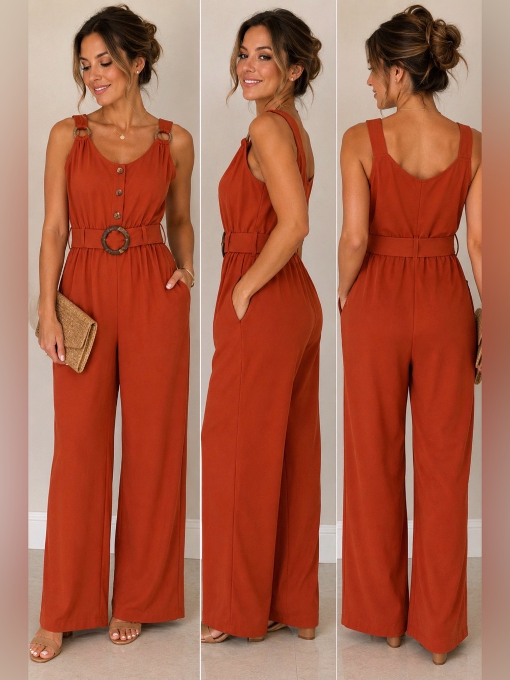 LunaChix Rust Wide Leg Jumpsuit Belted Pockets Size Medium